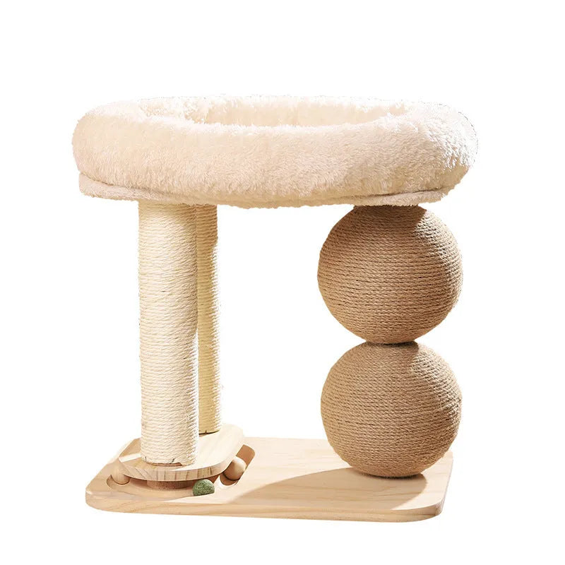 Pine wood cat bed with double columns and integrated grasping balls for scratching