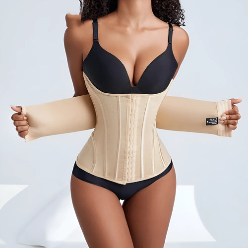 Nylon belly band waist trainer in black or apricot with belt tie fastener