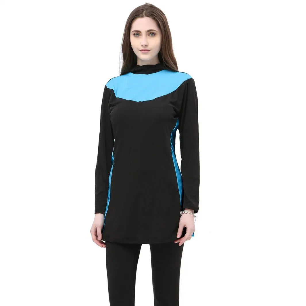 Conservative women's hooded swimsuit with long sleeves in black with colour trim