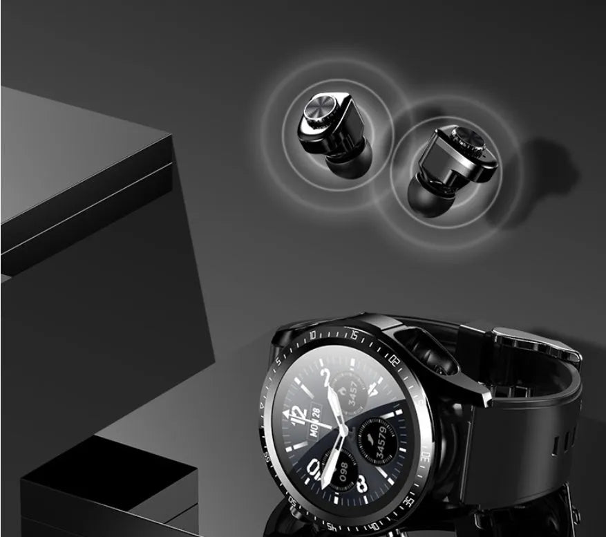 Black smart watch with blood pressure monitor on a silicone wrist strap, showing a 1.28-inch screen.