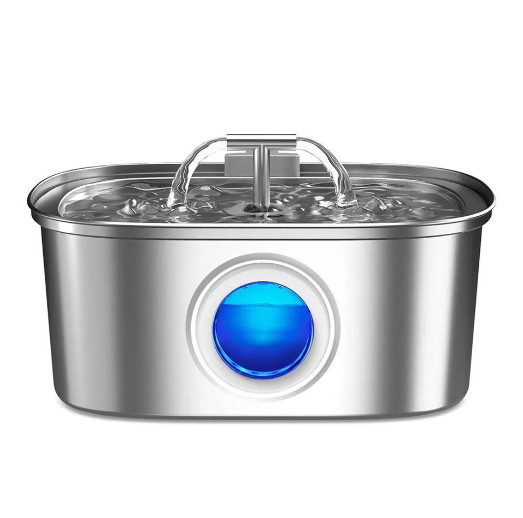 Stainless steel pet water dispenser with large 4-litre tank and selectable water outlet design