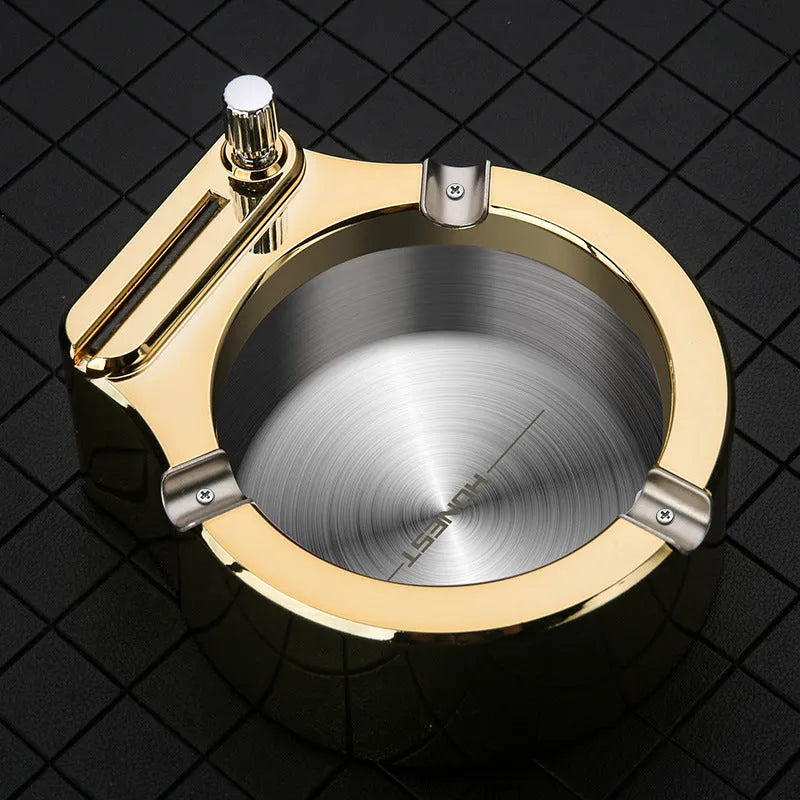 Large blue metal ashtray with integrated permanent match lighter and three cigarette slots.