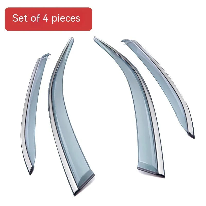 Jeep Wrangler car window rain visor kit showing four PVC pieces for 2007-2021 model installation