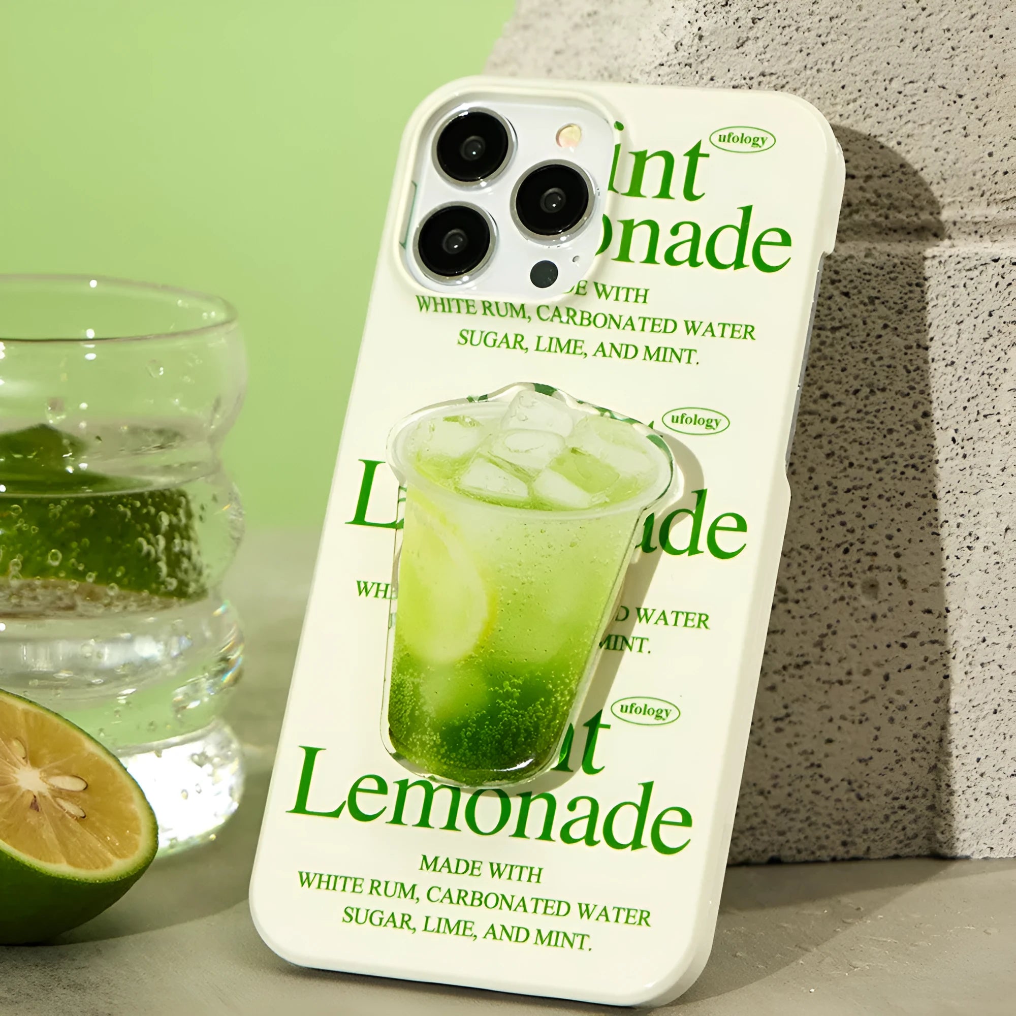 Yellow lemon pattern on a flexible TPU phone case for iPhone, shown with and without a built-in folding bracket stand.