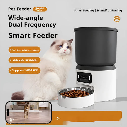 4L smart pet feeder with timing and remote monitoring featuring rotatable camera and stainless steel bowl options