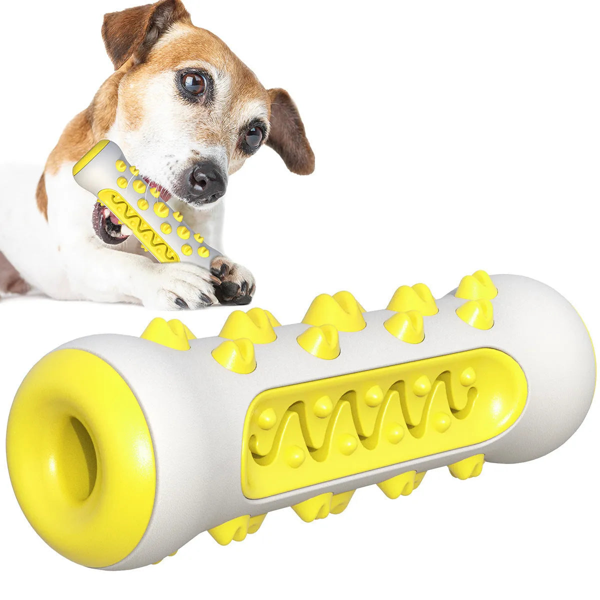 Natural rubber dog toothbrush chew toy in blue, showing textured surface for dental cleaning.