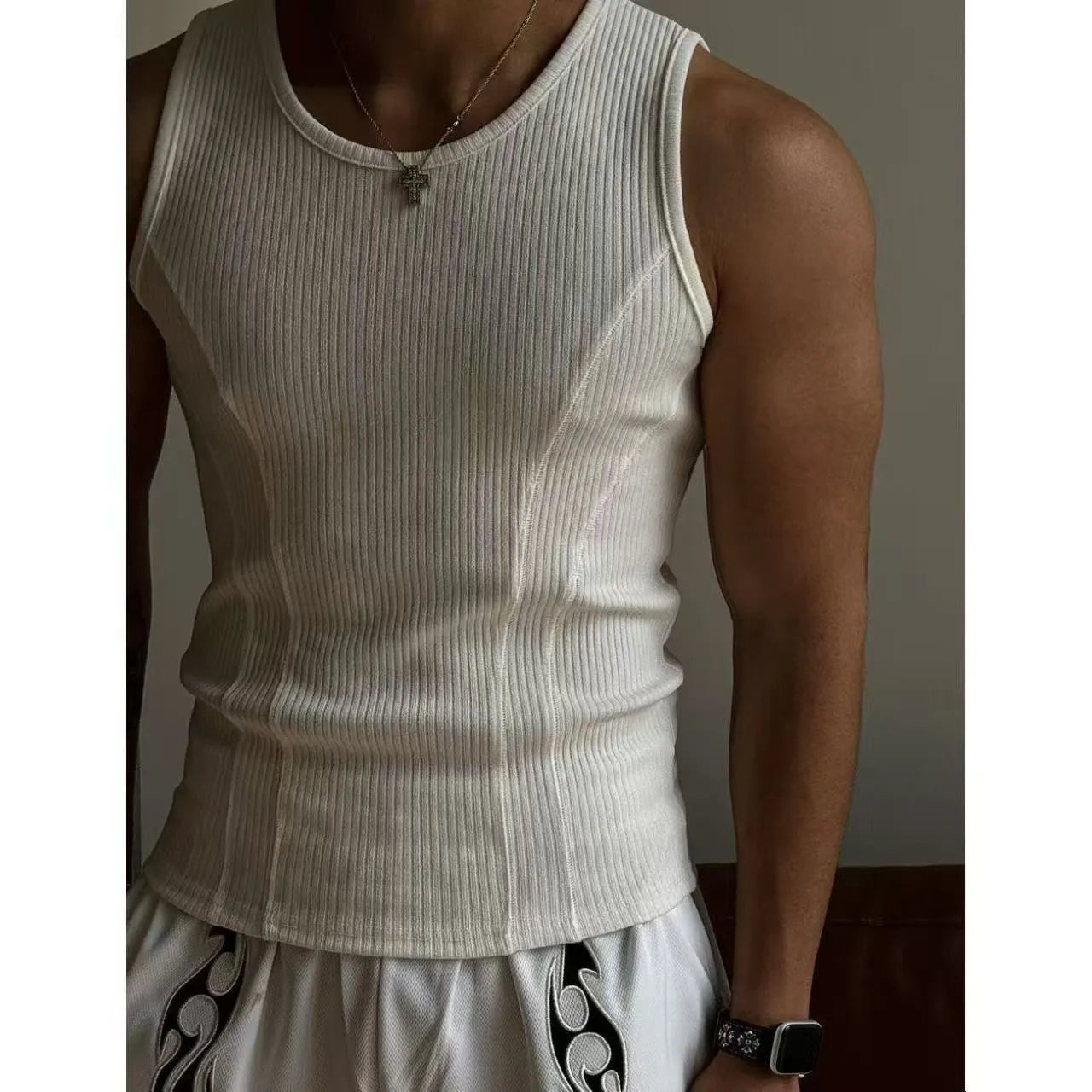 Men's black I-shaped sleeveless vest top made from polyester fabric for summer sports wear.