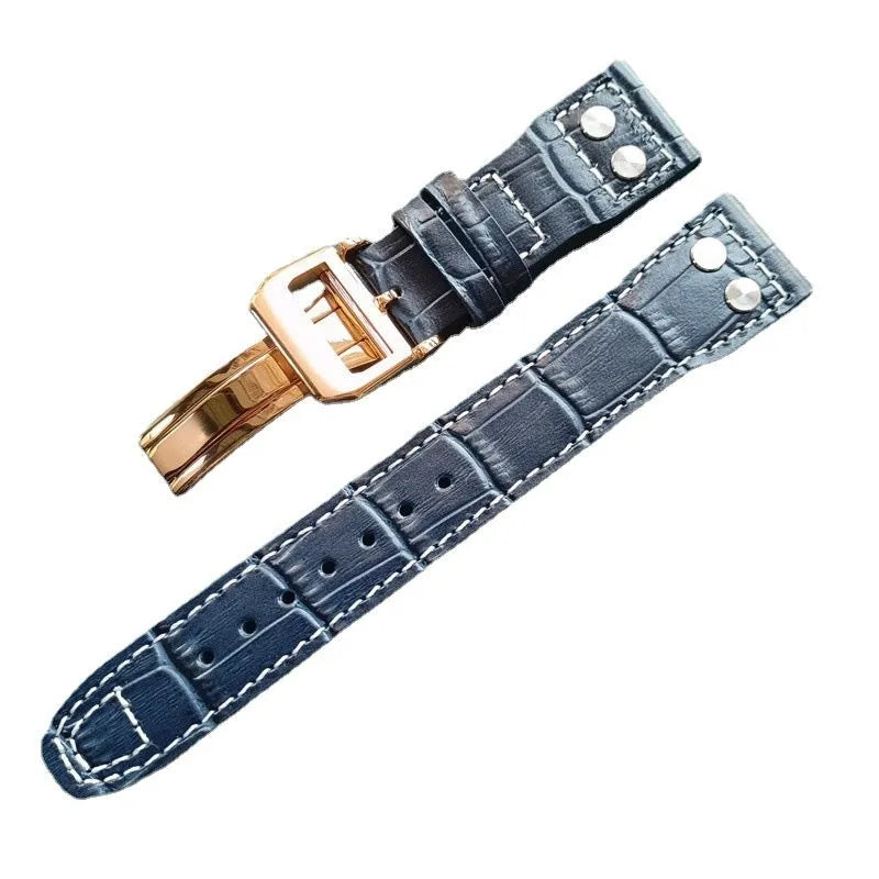 Genuine leather watch band strap in black with silver buckle, 22mm width