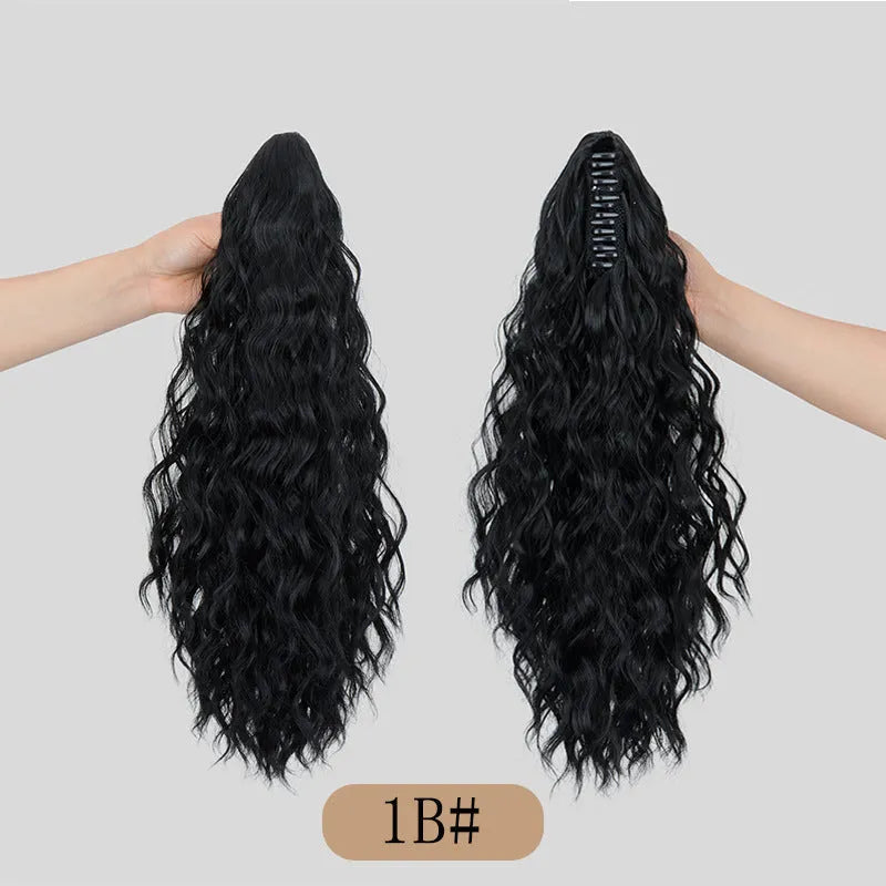 Corn curler wig with water ripple grip ponytail in synthetic high temperature fibre, shown in colour 1B.