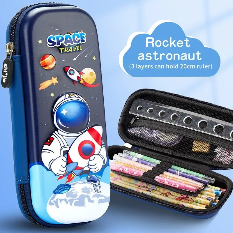 3D leather pencil case with astronaut pattern design showing textured surface and structured box shape