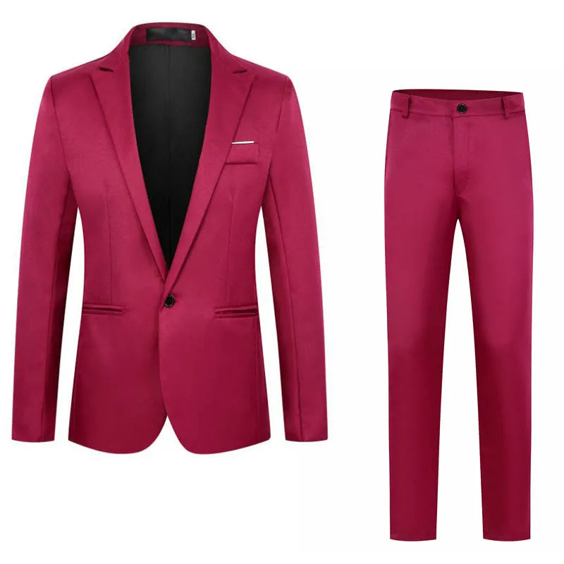 Men's loose fit suit jacket for weddings in various colours including black, blue, and wine red.