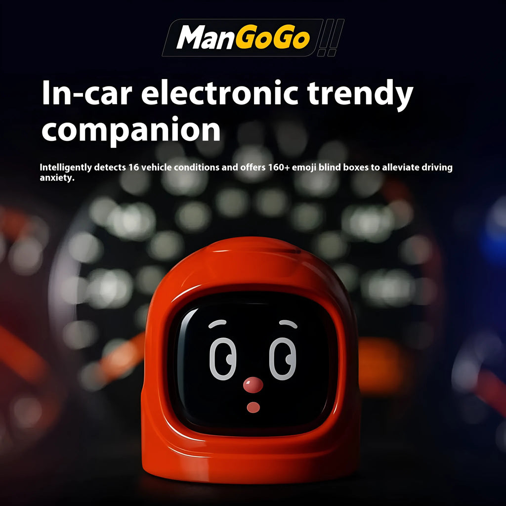 ManGoGo electronic pet car decoration with expression bag and colourful helmet on dashboard