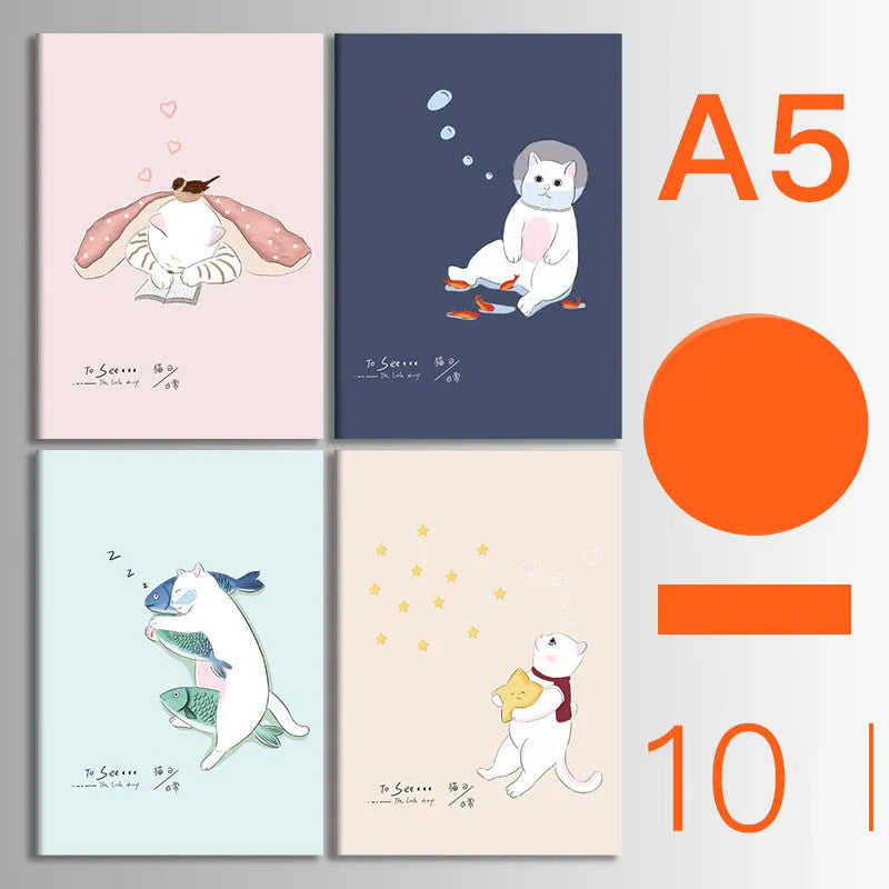 Pack of ten thread-bound A5 and B5 softcover notebooks showing multiple design styles including kraft paper and illustrated covers.