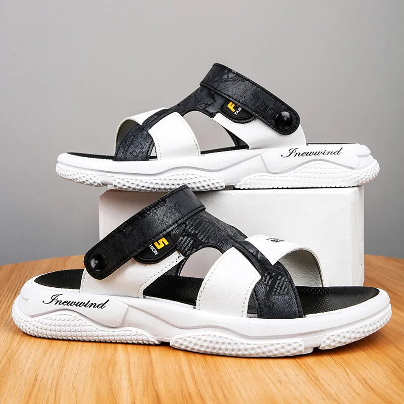 Men's summer open toe sandal in black with non-slip PVC sole and microfiber leather upper