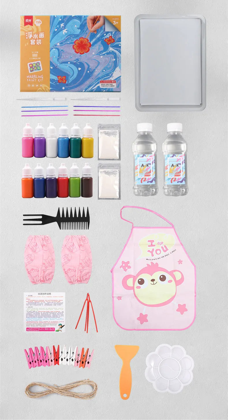 Children's floating painting educational toy kit with gouache pigments, painting liquid, drawing papers and stirring rods