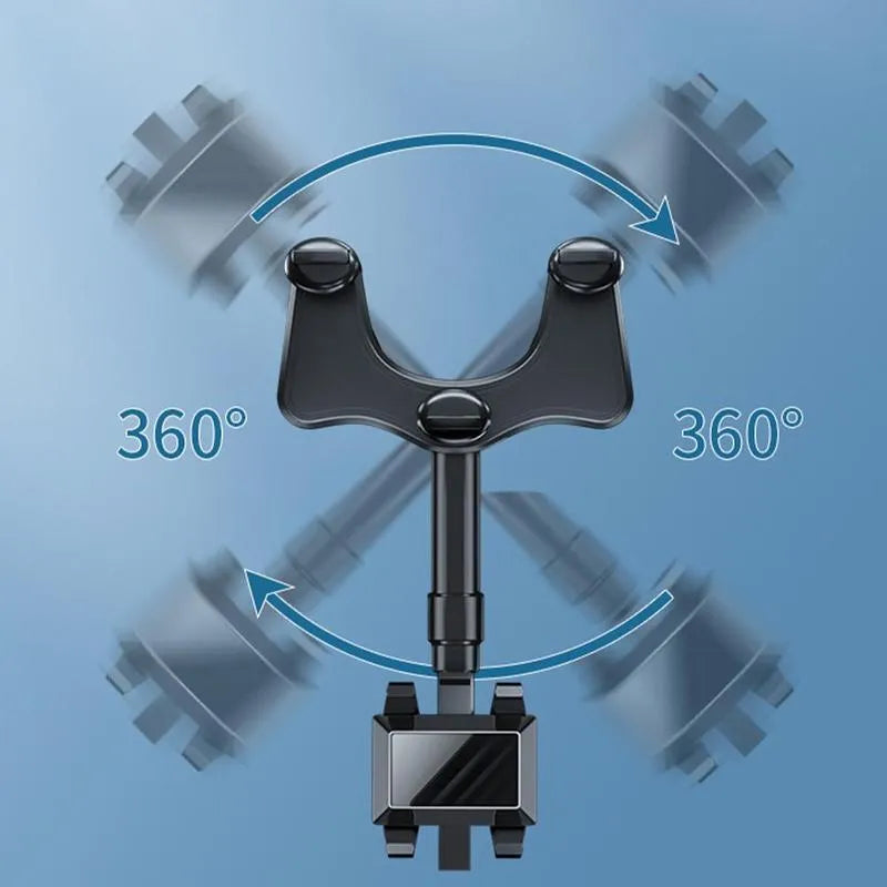 Black rearview mirror car phone holder with rotating head and four gripping claws extended.