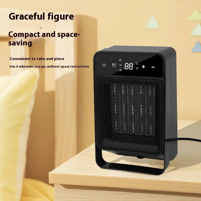 Black or white desktop electric heater with digital touch screen display and remote control on a wooden desk.