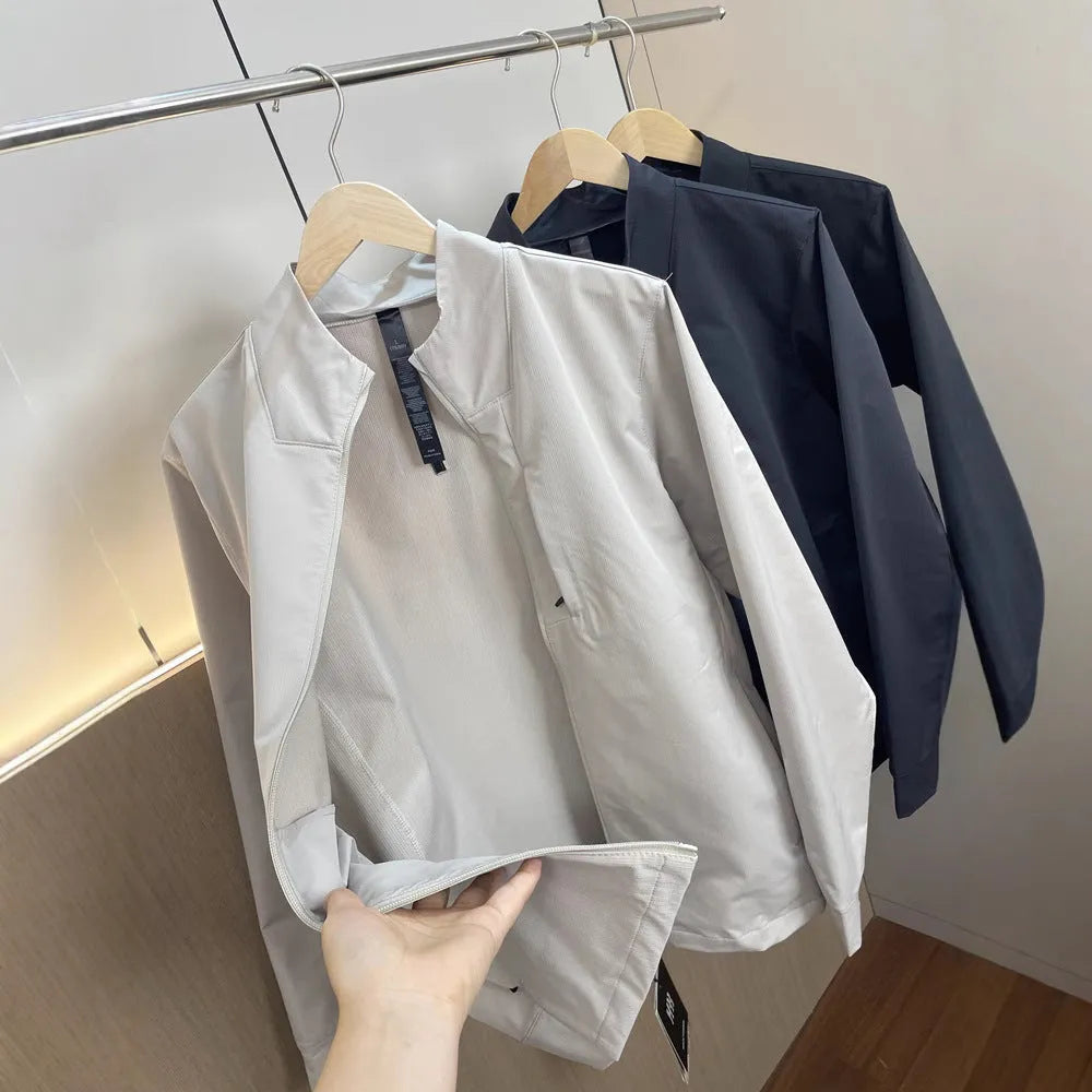 Men's black stand collar polyester sports casual jacket with long sleeves and straight hem