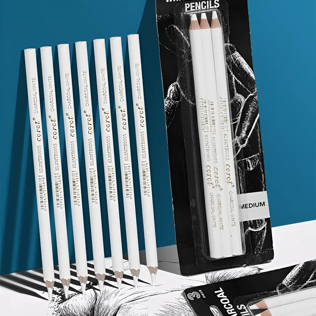 Three white charcoal pencils with wooden casings for sketching and highlighting on dark paper