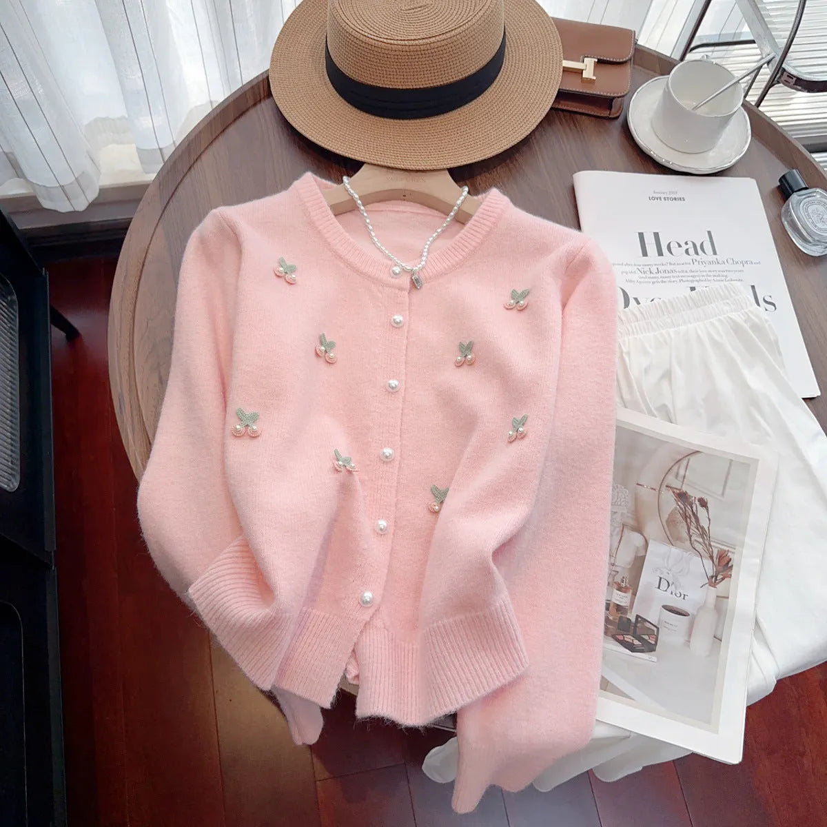 Women's cashmere cardigan sweater coat with beaded detail in slim fit free size