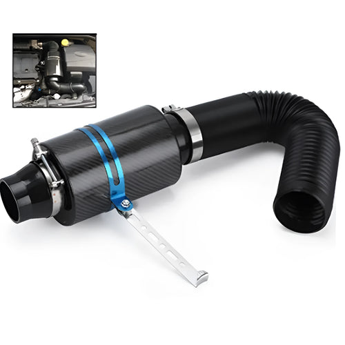 Car modification turbo high flow air box kit in black carbon fibre with stainless steel clamps on a workbench