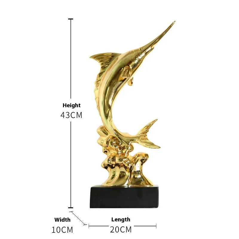 European swordfish resin and plastic decorative ornament in choice of colours on a shelf.
