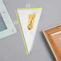 Transparent triangle-shaped plastic packaging bag with a metal tie wire attached for closure.