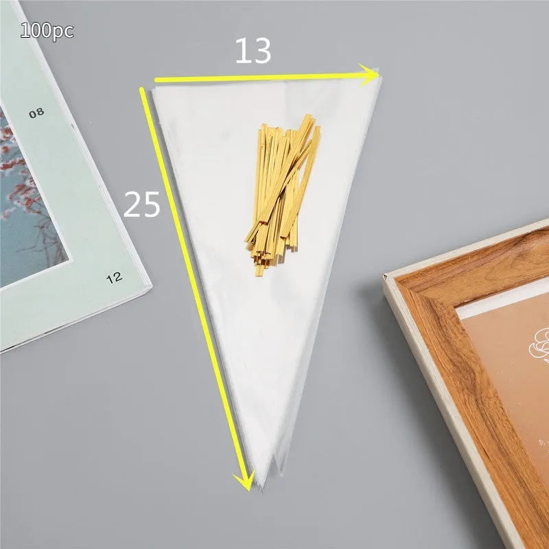 Transparent triangle-shaped plastic packaging bag with a metal tie wire attached for closure.