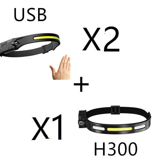 Black silicone USB rechargeable LED headlamp with side wave sensor, showing wide beam and long-range lighting.