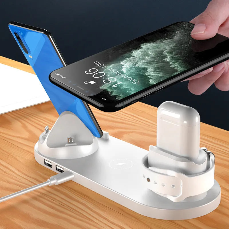 6-in-1 wireless fast charging pad station for iPhone and watch with USB input