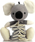 Grey koala squeaky dog toy measuring 30cm length with crinkle paper inside and durable cloth construction