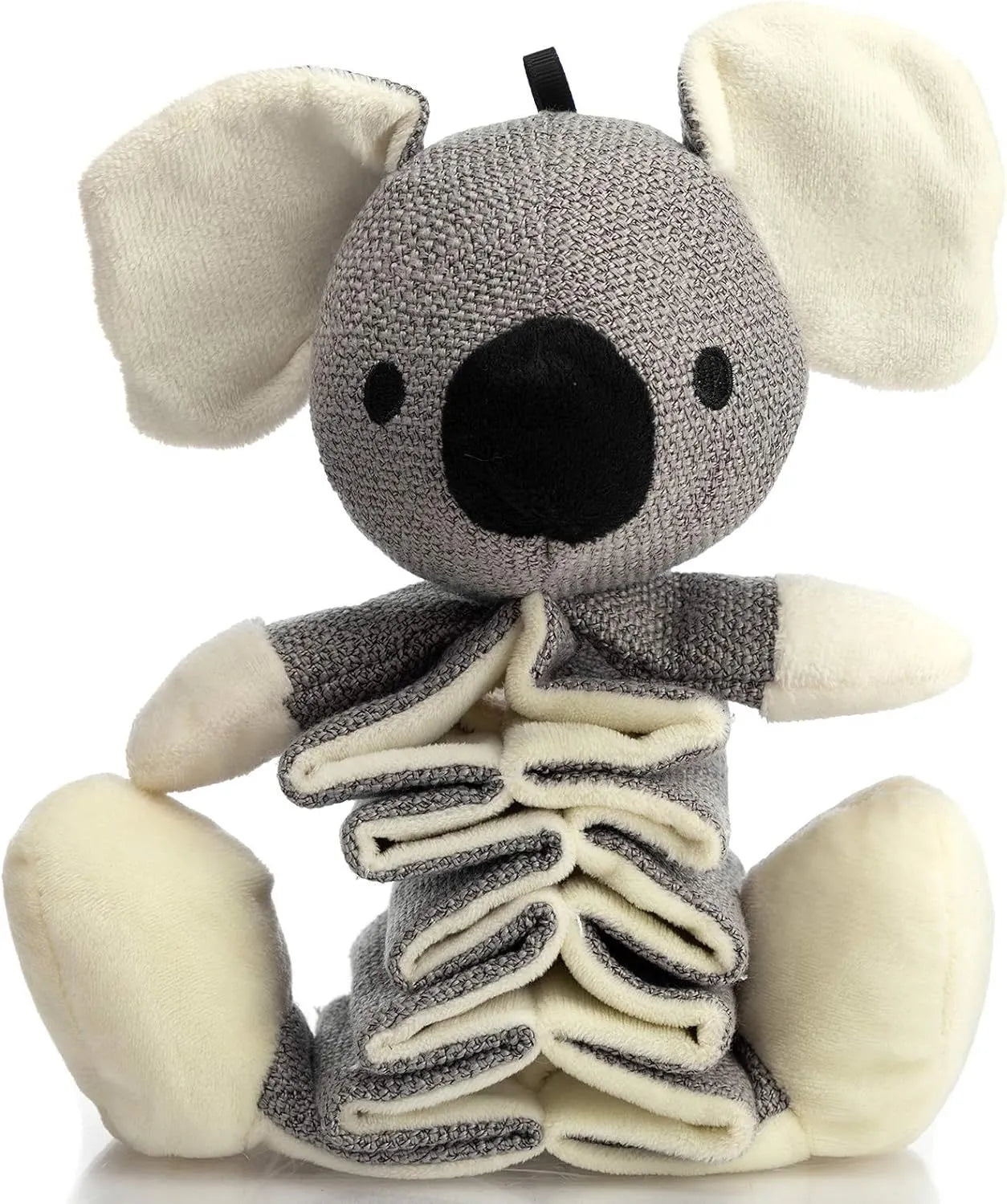 Grey koala squeaky dog toy measuring 30cm length with crinkle paper inside and durable cloth construction