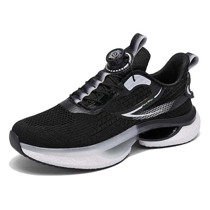Men's white low-top running shoes with a rotating buckle fastener and breathable mesh upper.