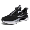 Men's white low-top running shoes with a rotating buckle fastener and breathable mesh upper.