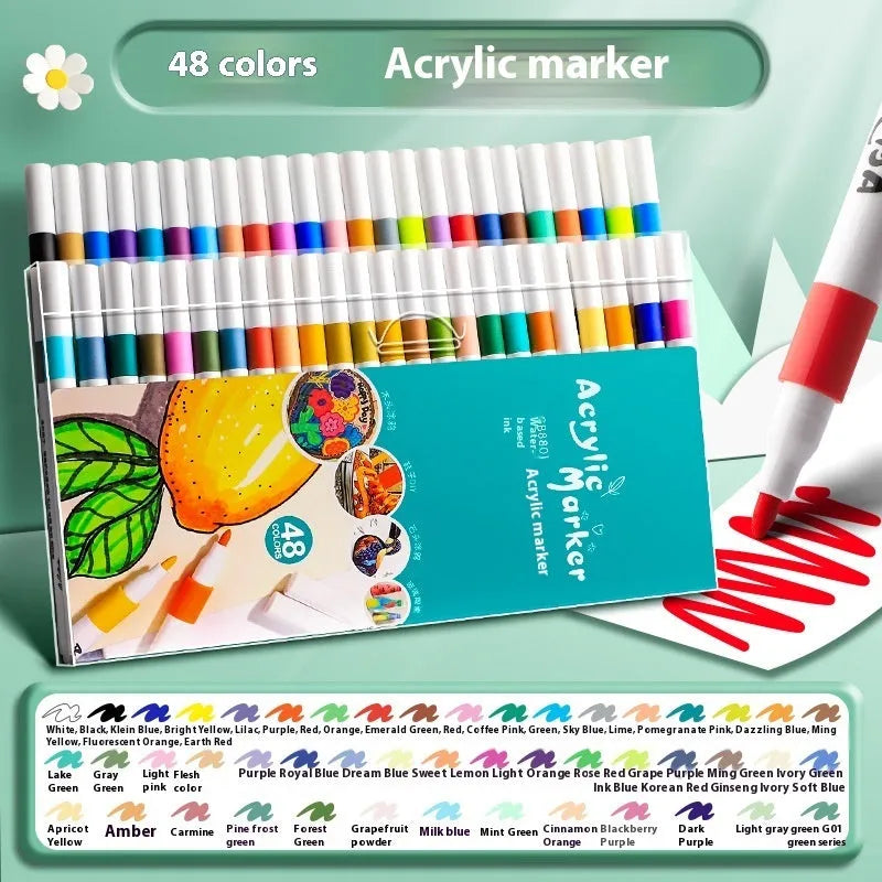Set of multicolour acrylic marker pens for student art projects, available in boxes of 12 to 80 colours.