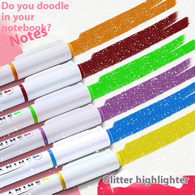 Glitter fluorescent highlighter pen with slanted 4mm tip and ABS plastic body in box packaging