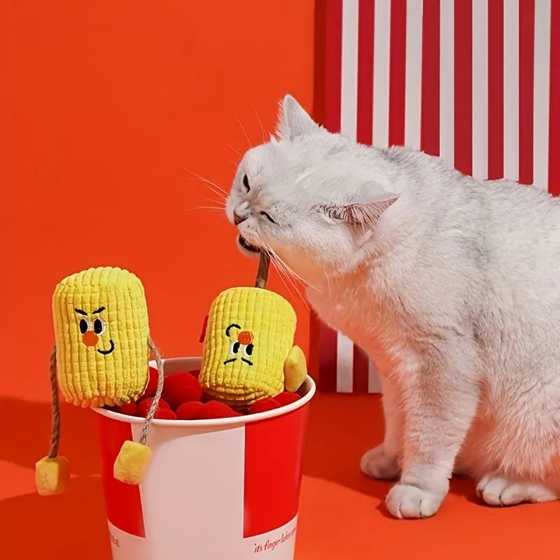 Corn cob shaped cat chew toy made from natural polio wood with catnip filling inside