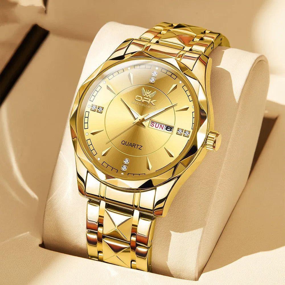 Round stainless steel men's watch with double calendar display on white background