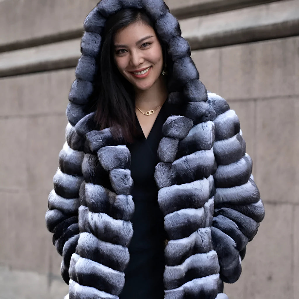 Women's zebra stripe faux mink overcoat with regular sleeves and medium length