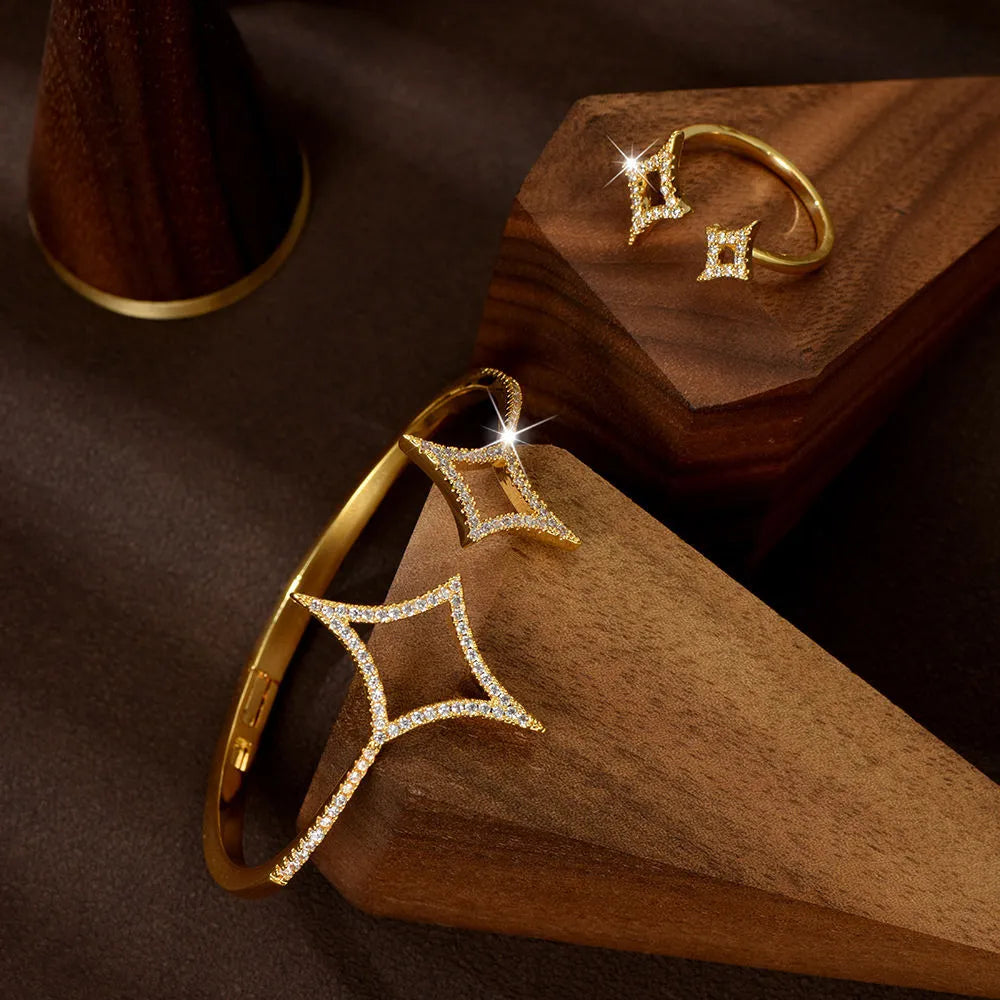 Star shape zirconia bracelet and ring set with copper plated gold and titanium plating