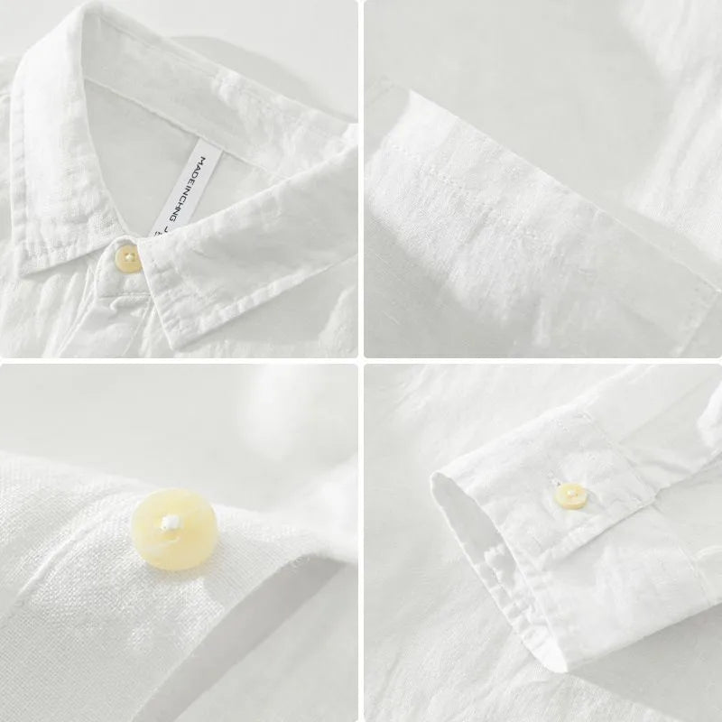 Men's Japanese-style retro long sleeve linen pullover shirt with square collar in white, loose fit