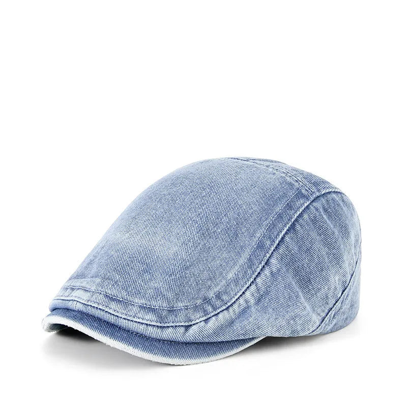 Men's forward baseball cap style hat with flat top crown design in denim blue cotton fabric