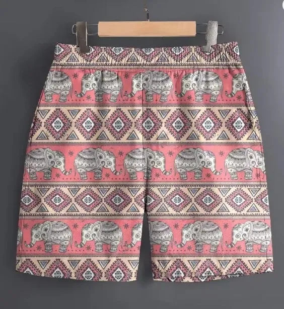 Men's casual striped and patterned polyester shorts for outdoor sports, shown in multiple sizes.