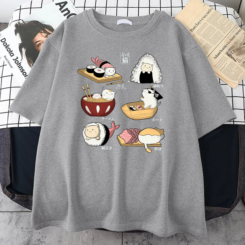 Men's black cotton T-shirt with white cat sushi cartoon design on chest, short sleeves, loose fit