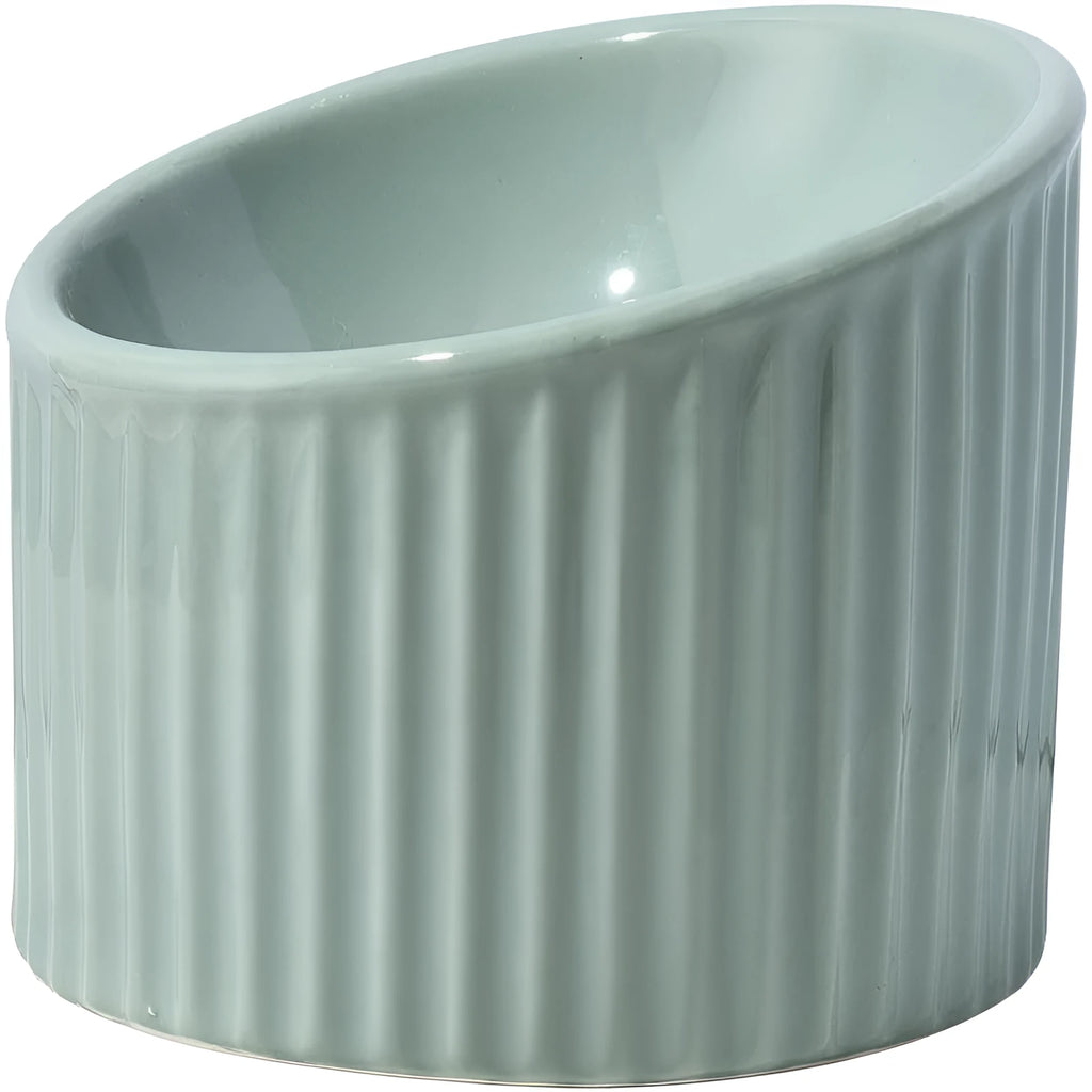 Ceramic elevated cat bowl in green colour with tilted round design for comfortable feeding.