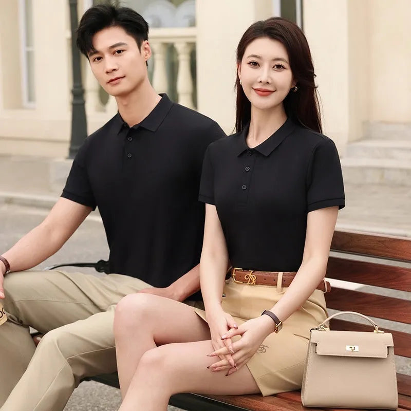 Men's white short sleeve polo t-shirt with a lapel collar, laid flat.