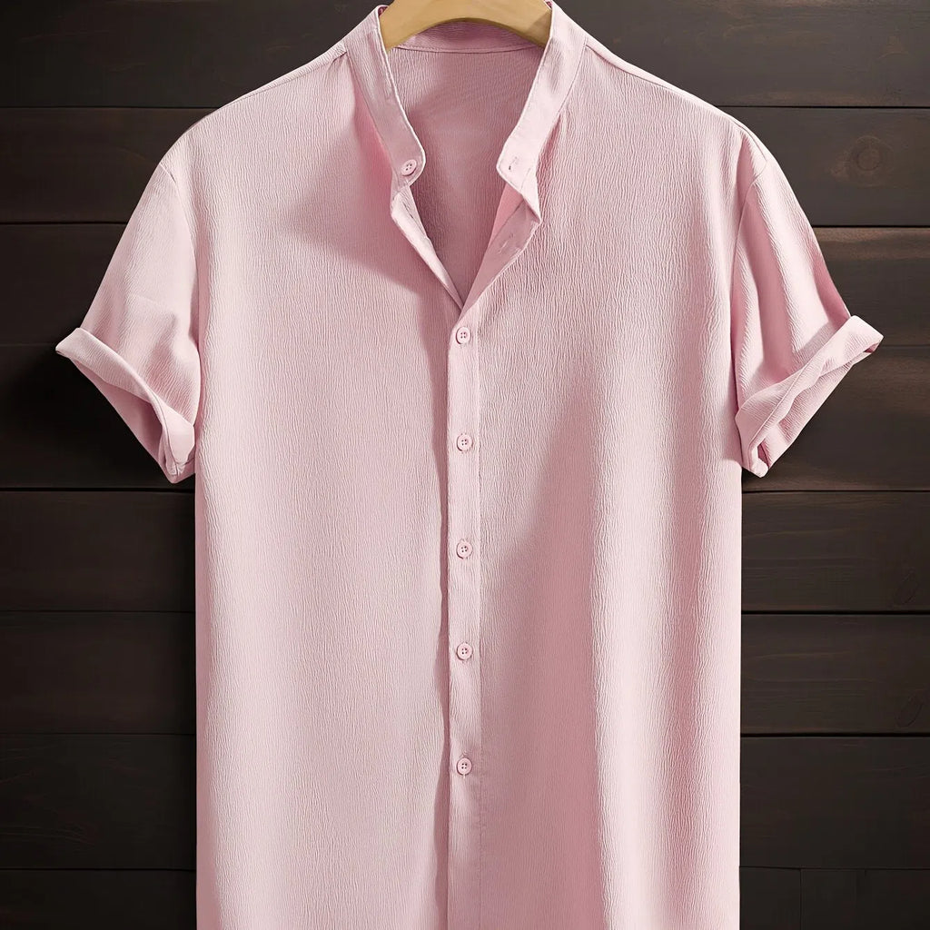 Men's casual breathable polyester stand collar short sleeve shirt in solid colour, loose fit, non-iron