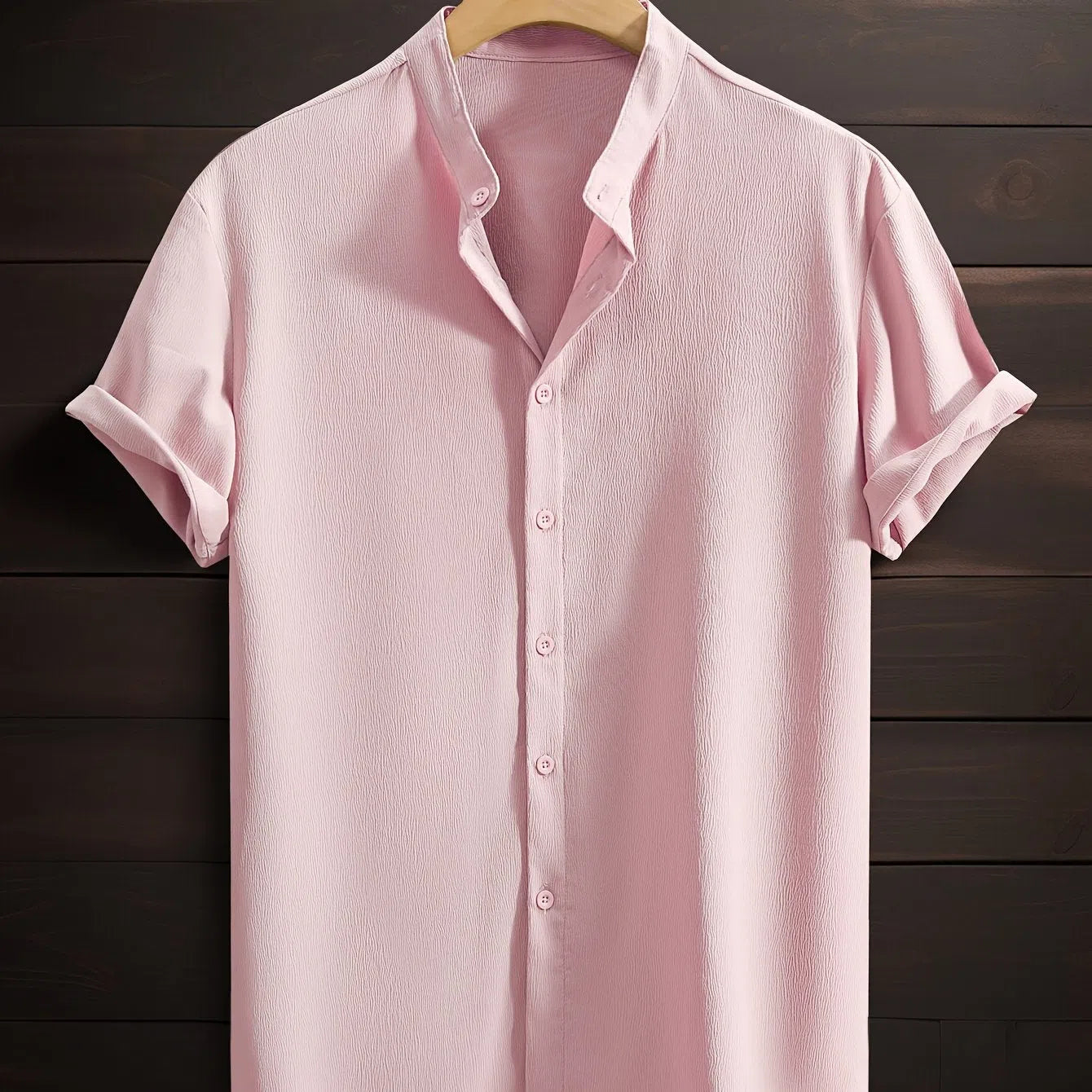 Men's casual breathable polyester stand collar short sleeve shirt in solid colour, loose fit, non-iron