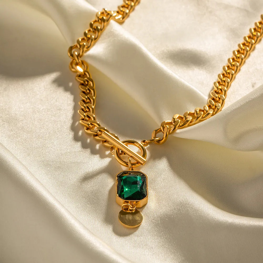 French retro style necklace with geometric zircon pendant on gold electroplated titanium steel chain