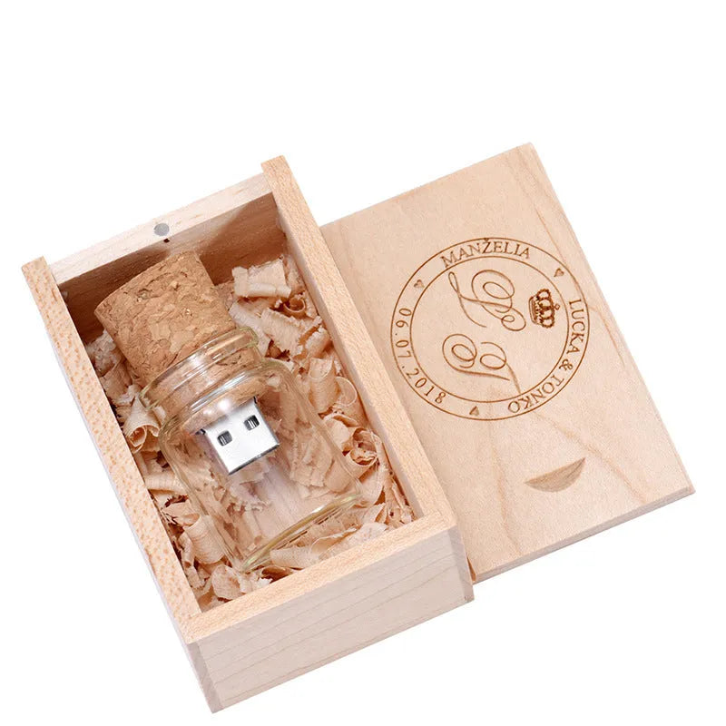 Personalised wood USB flash drive in chocolate brown with custom graphic option showing 8.5cm dimensions